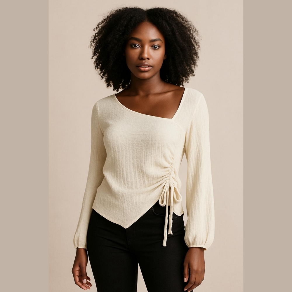 Mello Ivory Ruched Asymmetrical Top Size Large